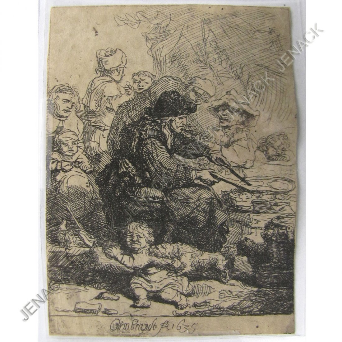 REMBRANDT VAN RIJN, ETCHING/DRYPOINT: REMBRANDT VAN RIJN, ETCHING/DRYPOINT, "THE PANCAKE WOMAN". 4 1/4 X 3 1/8" NOTE: A GOOD BUT LATER IMPRESSION