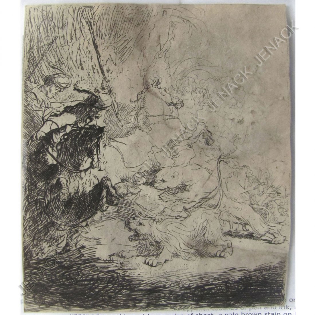 REMBRANDT VAN RIJN, ETCHING/DRYPOINT: REMBRANDT VAN RIJN, ETCHING/DRYPOINT, "THE SMALL LION HUNT" (2/LIONS). 6 1/8 X 4 7/8" NOTE: A GOOD BUT LATER IMPRESSION