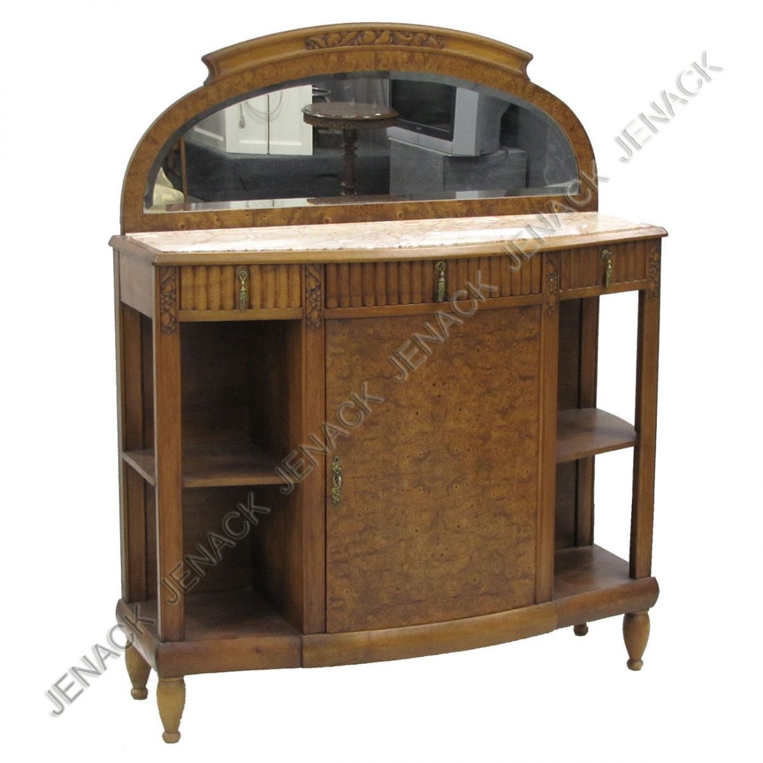 FRENCH ART DECO BURL WALNUT AND MARBLE BUFFET: FRENCH ART DECO CARVED BURL WALNUT AND MARBLE INSET BUFFET. HEIGHT 58"; WIDTH 47"