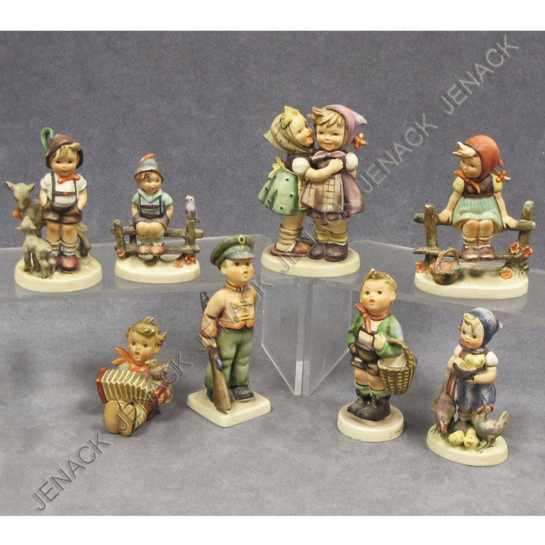 LOT (8) HUMMEL PORCELAIN FIGURES, TMK 4: LOT (8) HUMMEL PORCELAIN FIGURES, TMK 4 INCLUDING VILLAGE BOY, #512/0, 5 1/2"; LITTLE GOAT HERDER, #200, 4 3/4"; WAYSIDE HARMONY, #111/1, 4"; FEEDING TIME, #199/0, 4 1/2"; JUST RESTING, #112/1, 5"; TE