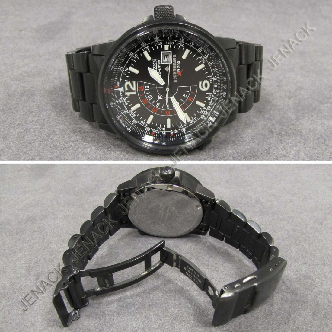 CITIZEN STAINLESS ECO-DRIVE NIGHTHAWK WRISTWATCH: CITIZEN STAINLESS ECO-DRIVE NIGHTHAWK WR200 CHRONOGRAPH WRISTWATCH. 43MM