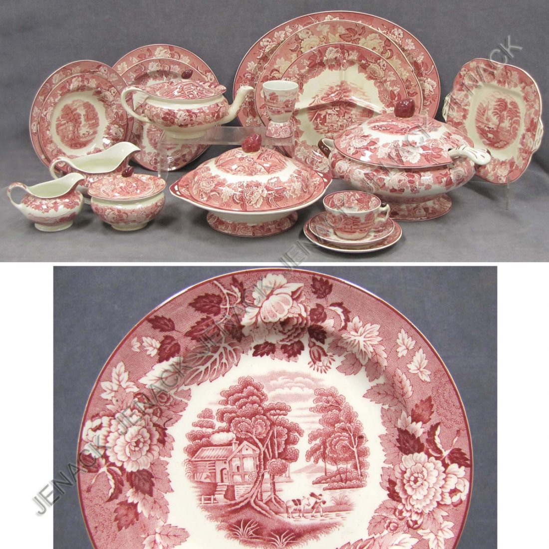 LOT (75) ENOCH WOODS, "ENGLISH SCENERY" DINNERWARE: LOT (75) ENOCH WOODS, "ENGLISH SCENERY" DINNERWARE INCLUDING (19) DINNER PLATES, 9"; (18) BREAD & BUTTER, 6"; (9) SAUCERS, 5 3/4" AND SERVING PIECES (LIGHT STAINS, CRAZING)