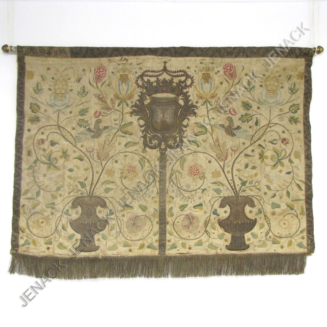 EMBROIDERED PANEL, EPISCOPAL ALTAR FRONT: EMBROIDERED PANEL, EPISCOPAL ALTAR FRONT, PROBABLY CONVENT WORKED, CA. 1650-1720. 32 X 42"