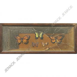 FRANK NOSOFF (MASSACHUSETTS 20TH CENTURY), OIL: FRANK NOSOFF (MASSACHUSETTS 20TH CENTURY), OIL ON MASONITE, BUTTERFLIES BEHIND BROKEN GLASS, SIGNED. 7 1/2 X 20"; FRAMED 8 1/2 X 21"