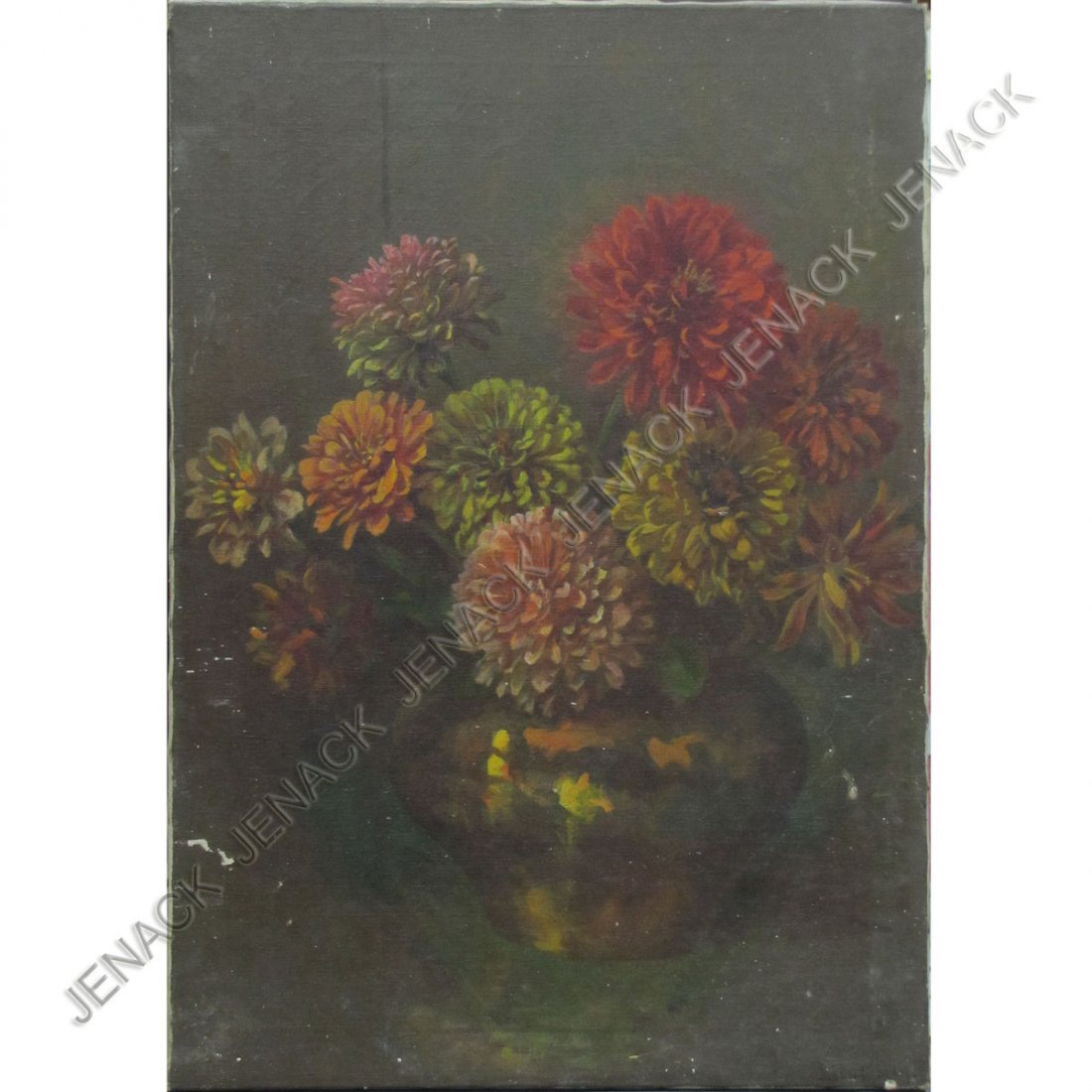 LEON MORAN, OIL ON CANVAS: LEON MORAN (AMERICAN NEW JERSEY/PENNSYLVANIA 1864-1941), OIL ON CANVAS, STILL LIFE ZINNIAS IN VASE, SIGNED. 25 3/4 X 18"