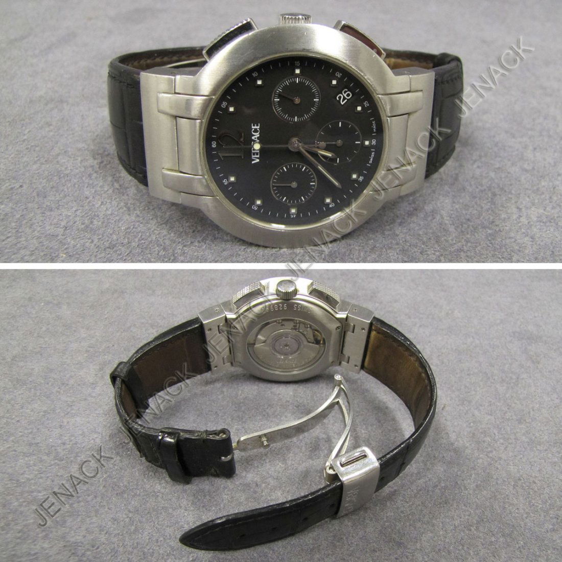 VERSACE STAINLESS STEEL AUTOMATIC CHRONOGRAPH: VERSACE STAINLESS STEEL AUTOMATIC CHRONOGRAPH WRISTWATCH, 37-JEWELS WITH EXHIBITION BACK AND DEPLOYMENT BUCKLE BAND. 40 MM