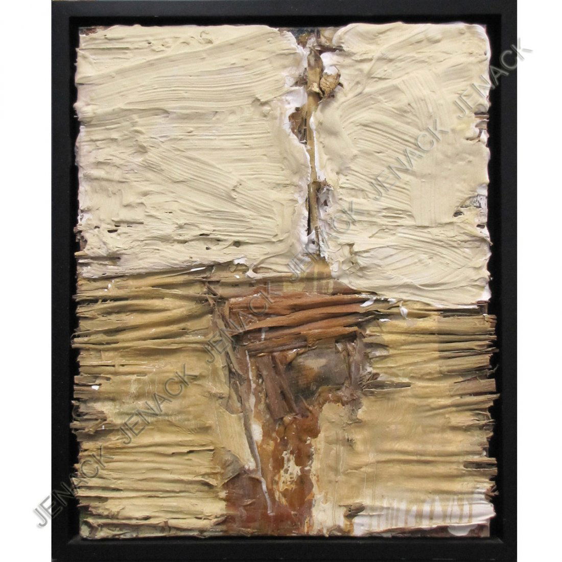 DENNIS HARE (AMERICAN CALIFORNIA 1946-): DENNIS HARE (AMERICAN CALIFORNIA 1946-), MIXED MEDIUM PLASTER, DRIED PALM, ALBUM COVER, PAINT AND RESIN ON WOOD, "BEAUTY OF DREAMS", SIGNED AND TITLED 2002. FRAMED 32 1/2 X 27"