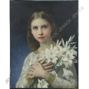 ELIZABETH JANE (GARDNER) BOUGUEREAU: ELIZABETH JANE (GARDNER) BOUGUEREAU (AMERICAN/FRENCH 1837-1922), OIL ON CANVAS, YOUNG GIRL WITH LILIES, SIGNED. 13 X 3/4 X 10 5/8 (RELINED) PROVENANCE: SOTHEBY'S NY SALE #5066, JUNE 23, 1983 LOT #18