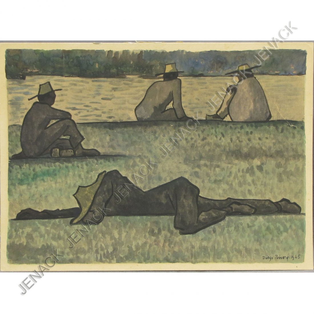 DIEGO RIVERA (MEXICAN 1886-1957), COLORED LITHO: DIEGO RIVERA (MEXICAN 1886-1957), COLORED LITHOGRAPH, FIELD WORKERS AT REST, SIGNED (IN PLATE) 1945. SHEET 11 1/2 X 15 3/4"