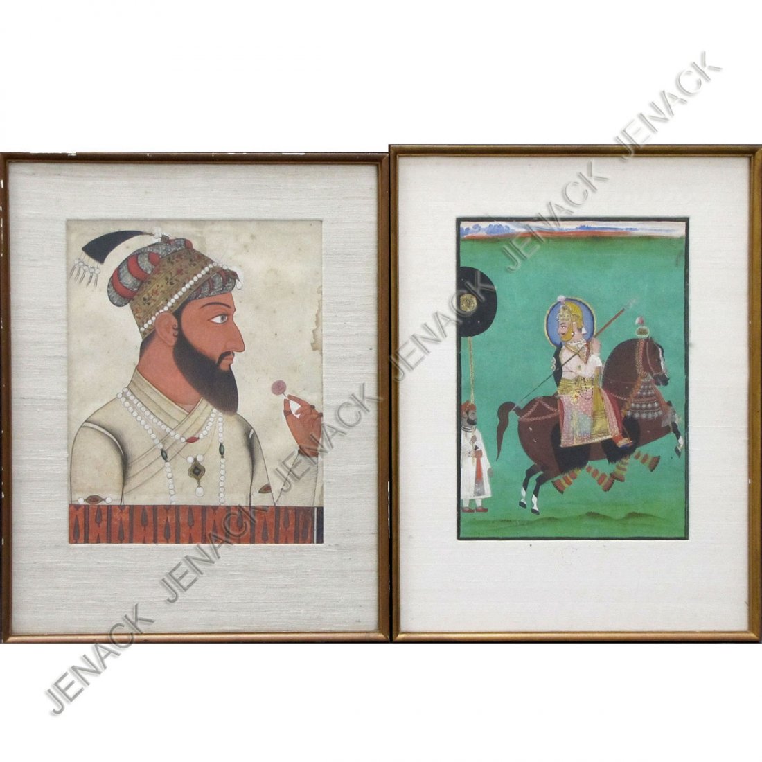 MUGHAL SCHOOL, LOT (2) MINIATURE PAINTINGS: MUGHAL SCHOOL, LOT (2) MINIATURE PAINTINGS INCLUDING EQUESTRIAN FIGURE AND RAJ. SIGHT 11 X 8 1/2"; FRAMED AND GLAZED-17 X 13"