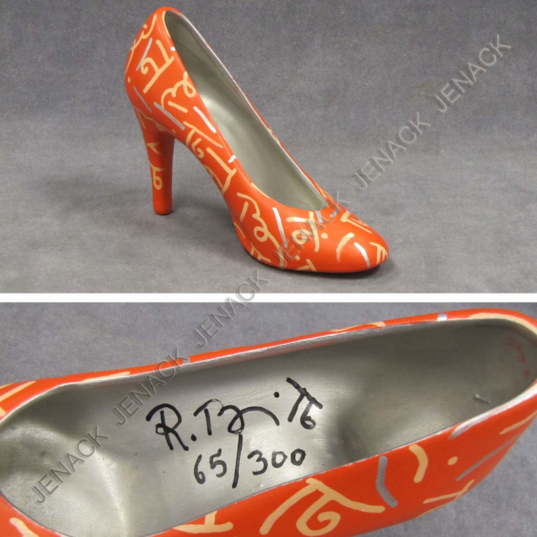 ROMERO BRITTO (BRAZILIAN 1963-), CERAMIC SHOE: ROMERO BRITTO (BRAZILIAN 1963-), DECORATED CERAMIC HIGH HEEL SHOE, SIGNED #65/300. HEIGHT 6 1/2"; LENGTH 8"