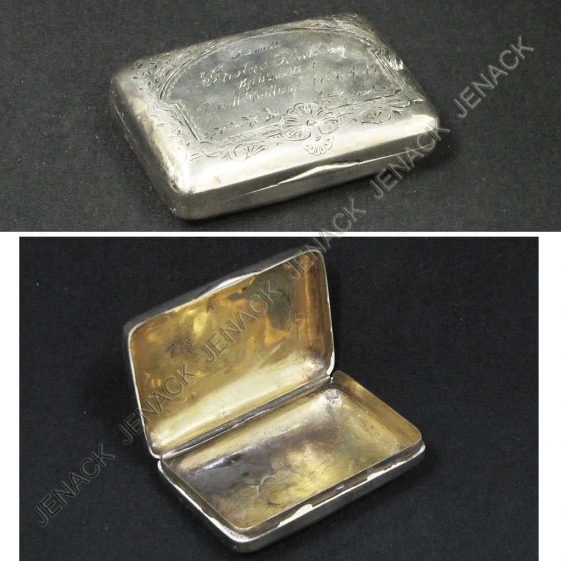 WHITING VINTAGE STERLING SILVER SNUFF BOX: WHITING VINTAGE STERLING SILVER SNUFF BOX, "PRESENTED TO GUSTAV SCHILLING BY HIS FRIENDS AT DETROIT KNITTING AND CORSET WORKS". 2 1/4 X 3 1/4"; 2.01 OZT