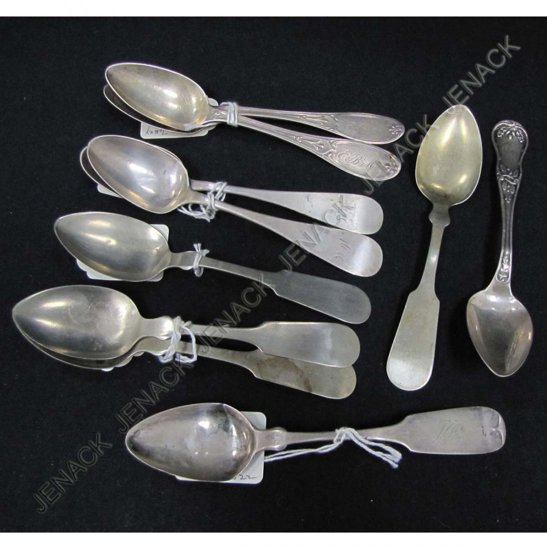 LOT (10) ASSORTED COIN SILVER TEASPOONS: LOT (10) ASSORTED COIN SILVER TEASPOONS INCLUDING FOLWELL AND HAINES. LENGTH 6 1/2"; 5.5 OZT