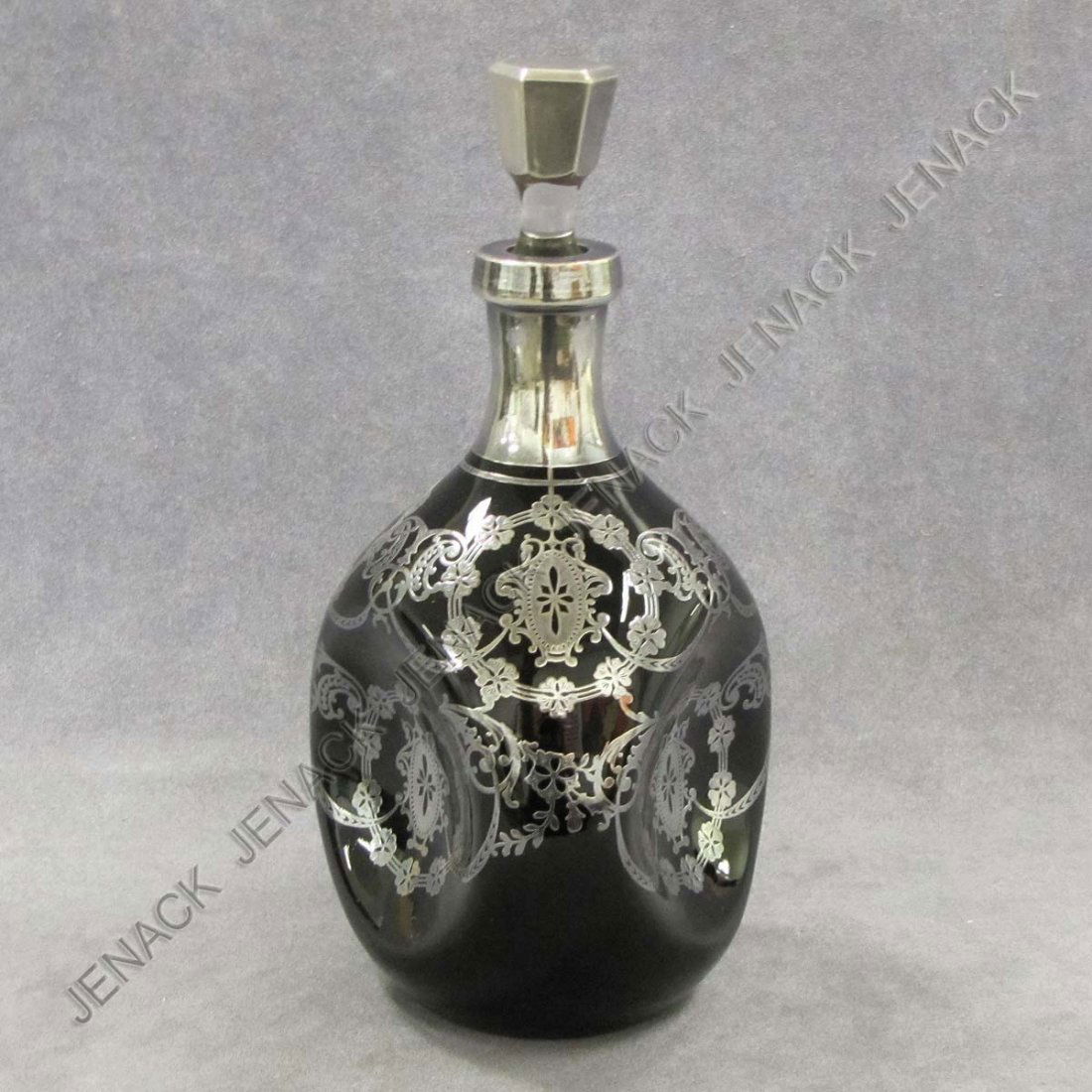 ART DECO EBONY GLASS DECANTER WITH SILVER OVERLAY: ART DECO EBONY GLASS DECANTER WITH SILVER OVERLAY. HEIGHT 10 1/2"