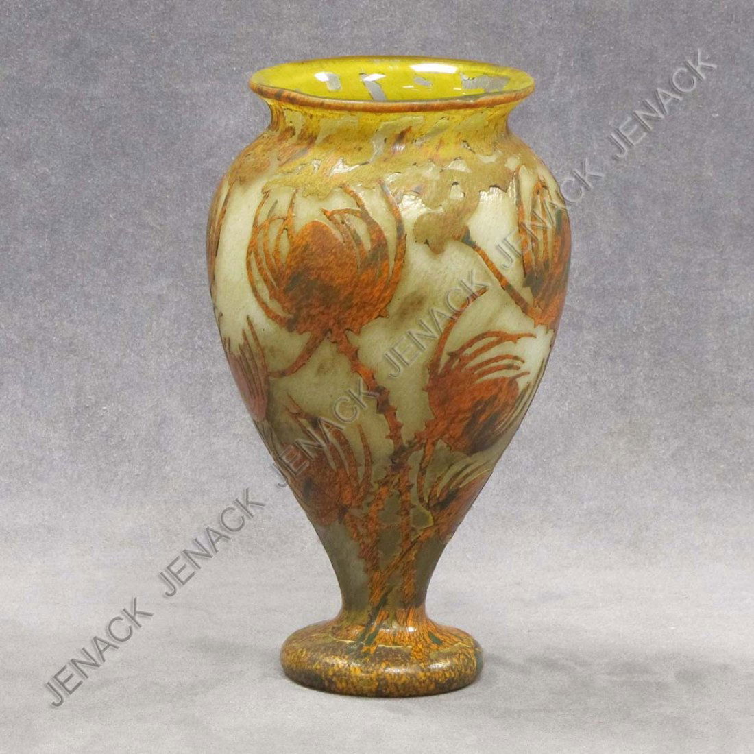 DAUM NANCY "CARDERE SAUVAGE" CAMEO GLASS VASE: DAUM NANCY "CARDERE SAUVAGE" CARVED CAMEO GLASS VASE, DESIGNED BY HENRI BERGE', SIGNED; DAUM NANCY WITH CROSS OF LORRAINE, C.1905. HEIGHT 8 1/4"