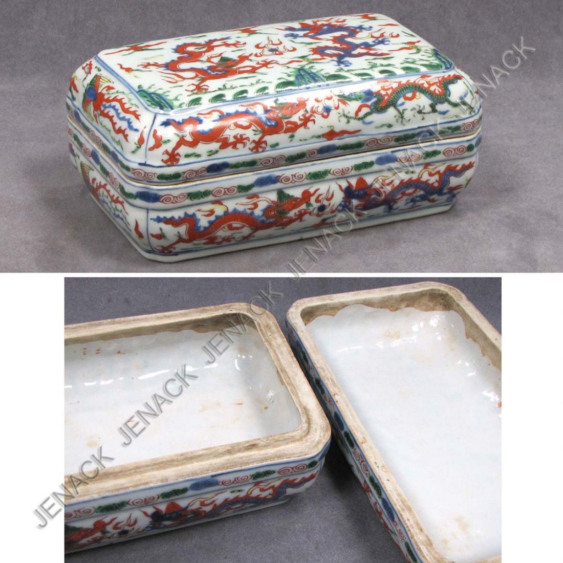 CHINESE MING STYLE WUCAI PORCELAIN DRAGON BOX: CHINESE MING STYLE WUCAI DECORATED PORCELAIN DRAGON BOX, BEARING WAN LI MARK. HEIGHT 4"; 5 1/2 X 9 1/2"