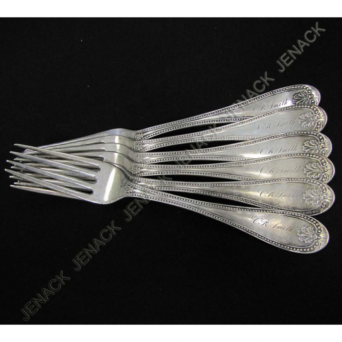 SET (6) R.W. WILSON/PHILADELPHIA COIN SILVER FORKS: SET (6) R.W. WILSON/PHILADELPHIA COIN SILVER FORKS, C.1831. LENGTH 7 1/2"; 9.70 OZT