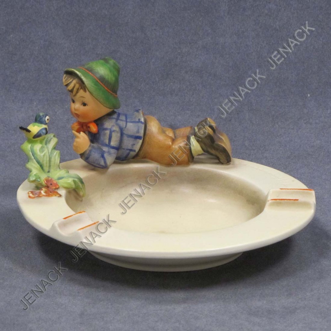 HUMMEL PORCELAIN FIGURE, BOY WITH BIRD ASHTRAY: HUMMEL PORCELAIN FIGURE, BOY WITH BIRD ASHTRAY, TMK 3, #166. HEIGHT 3"
