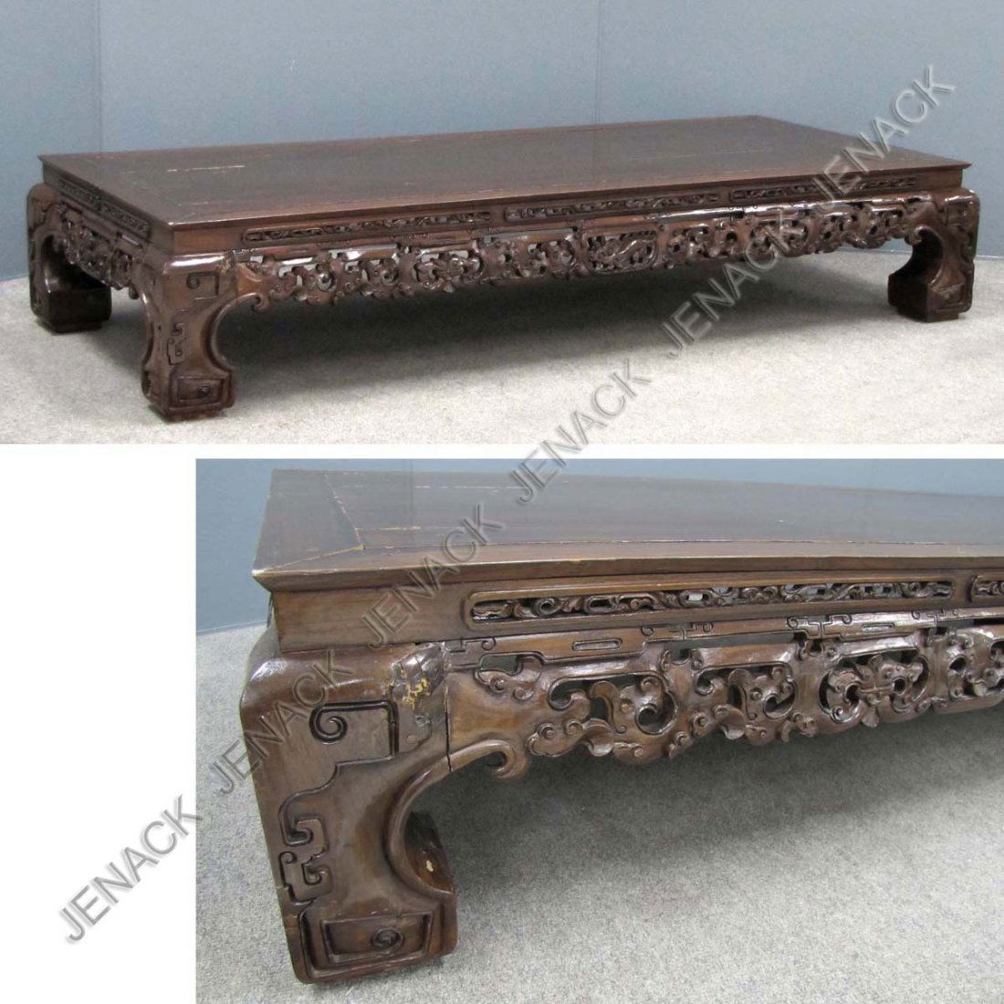 CHINESE CARVED HARDWOOD OPIUM BED/LOW TABLE: CHINESE CARVED HARDWOOD OPIUM BED/LOW TABLE. HEIGHT 13 1/2"; TOP 28 X 68"