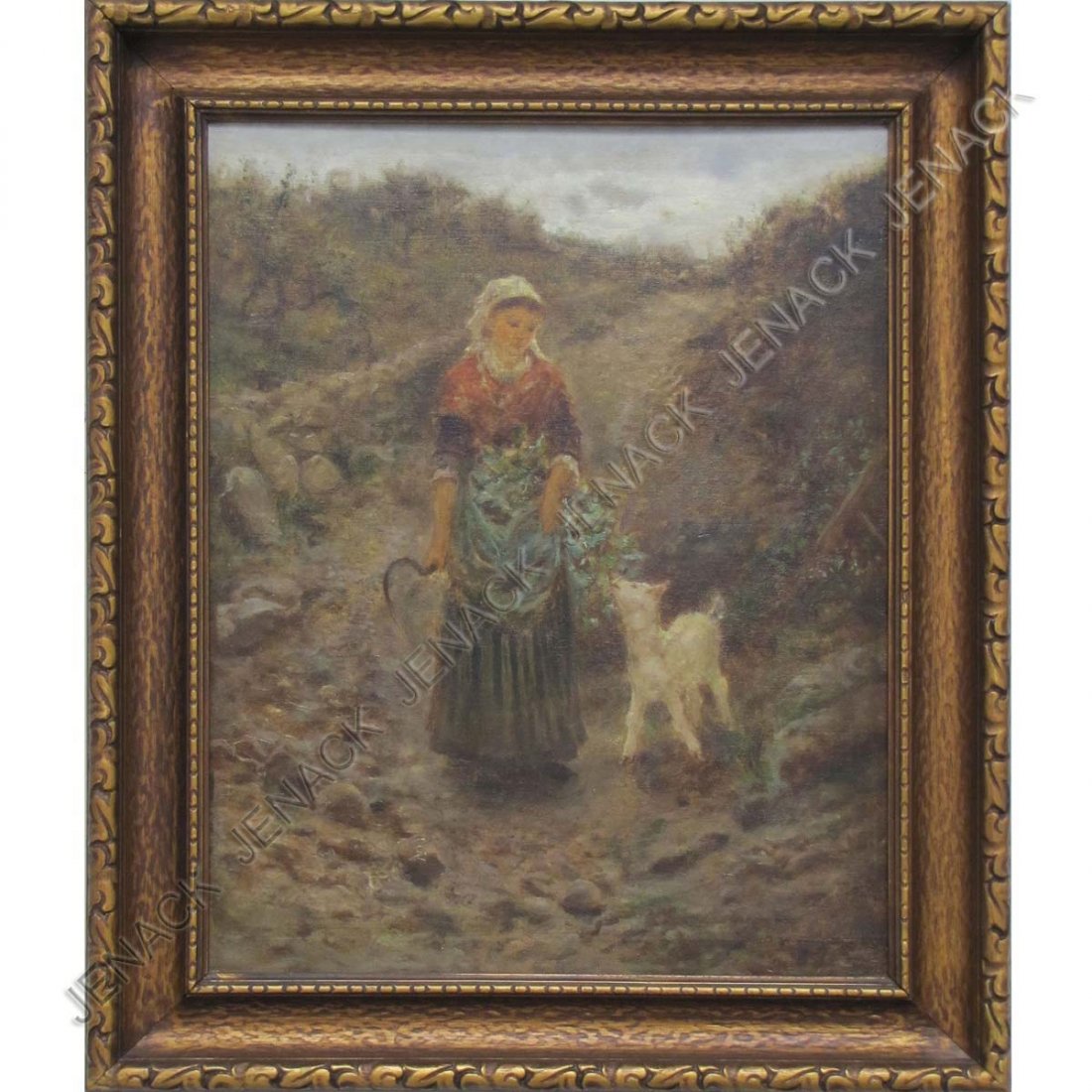 JAMES CRAWFORD THOM, OIL ON PANEL: JAMES CRAWFORD THOM (AMERICAN/ENGLISH/FRENCH 1835-1898), OIL ON PANEL, YOUNG GIRL WITH EWE, SIGNED. 15 X 11 3/4"; FRAMED- 18 1/2 X 15 1/2"