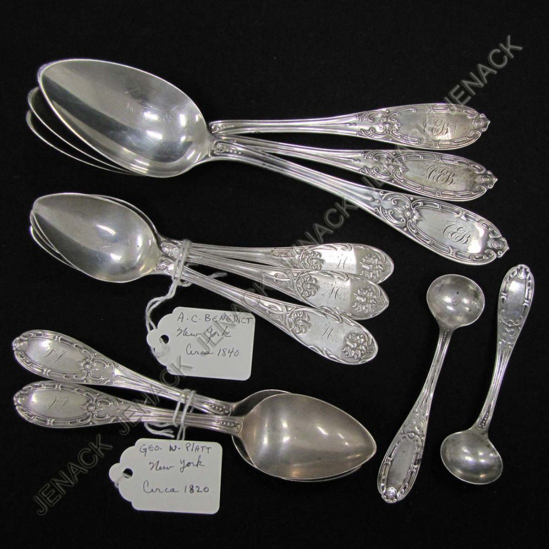 LOT (10) COIN SILVER INCLUDING (3) TABLESPOONS: LOT (10) COIN SILVER INCLUDING (3) TABLESPOONS, (5) TEASPOONS, (2) SALT SPOONS INCLUDING A.C. BENEDICT & GEORGE W. PLATT, C.1820-40. TWT 9.6 OZT