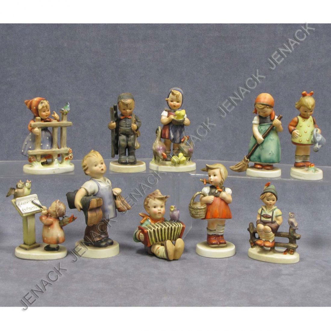 LOT (10) HUMMEL PORCELAIN FIGURES, TMK 2: LOT (10) HUMMEL PORCELAIN FIGURES, TMK 2 INCLUDING BIRD DUET #169, 4"; LET'S SING #110, 3 1/2"; BOOTS #143/0, 5 1/2"; WAYSIDE HARMONY #111 1/0, 4 1/2"; LITTLE SWEEPER #171, 4 1/2"; SIGNS OF SPRING #17