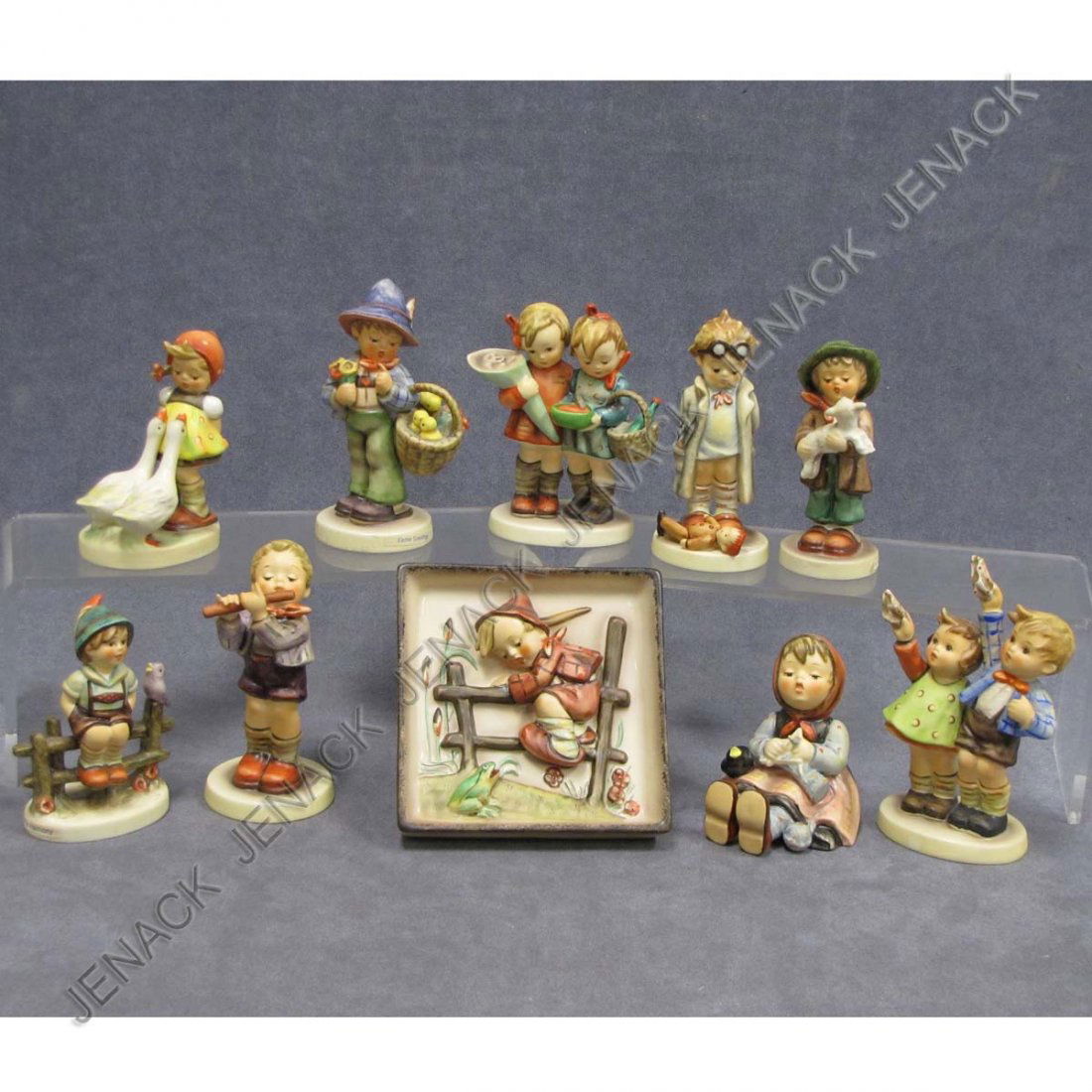 LOT (10) HUMMEL GOEBEL PORCELAIN FIGURES: LOT (10) HUMMEL GOEBEL PORCELAIN FIGURES, GOEBEL MARKS INCLUDING GOOSE GIRL #473/0, 4 1/2"; RETREAT TO SAFETY #126, 5 X 5"; HAPPY PAST TIME #69, 3 1/2"; MORNING CONCERT #477, 5"; THE LOST SHEEP #68, 4
