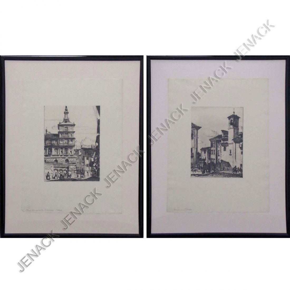 MAX KUEHNE (AMERICAN 1880-1968), LOT (2) ETCHINGS: MAX KUEHNE (AMERICAN 1880-1968), LOT (2) ETCHINGS INCLUDING "STREET SCENE WITH DONKEYS-TOLEDO", TITLED AND ESTATE STAMP VERSO, PLATE 8 1/2 X 6 3/8"; "STREET IN TOLEDO", TITLED AND ESTATE STAMP VERSO,