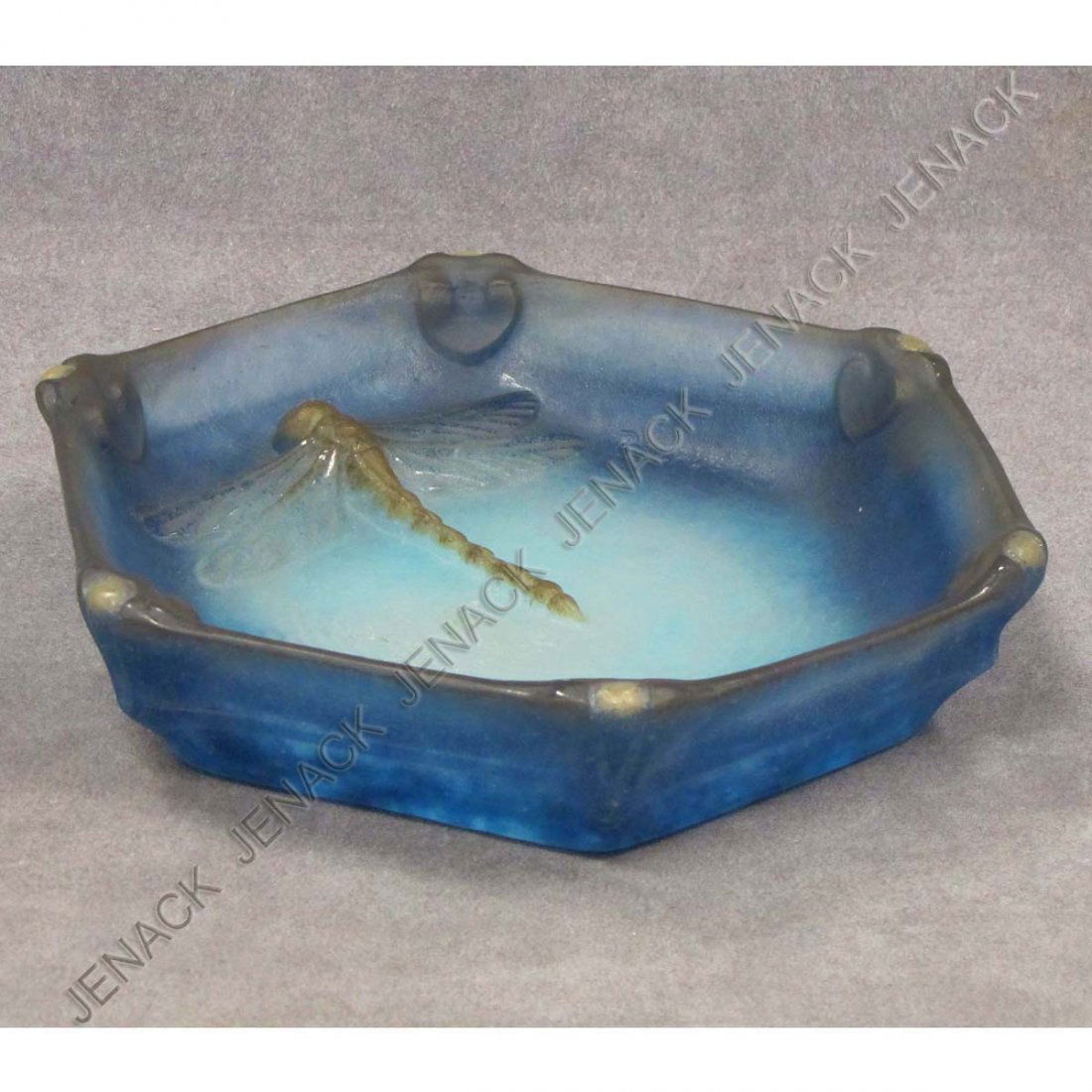 ALMERIC WALTER PATE DE VERRE VID POCHE: ALMERIC WALTER PATE DE VERRE VID POCHE, ORNAMENTED WITH A DRAGONFLY, DESIGNED BY HENRI BERGE', C.1925, SIGNED. HEIGHT 1 3/4"; DEPTH 8"