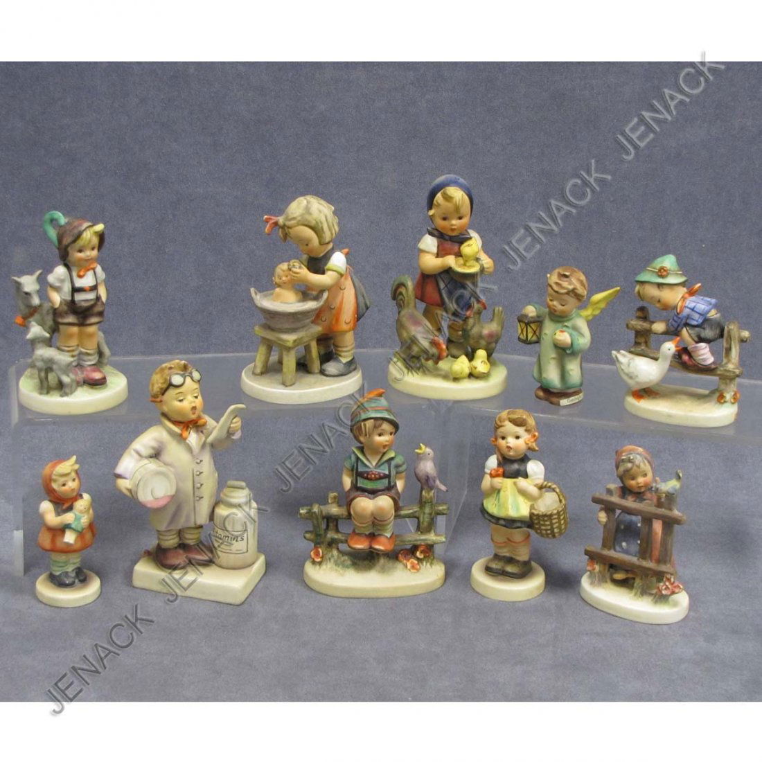 LOT (10) HUMMEL PORCELAIN FIGURES, TMK 4: LOT (10) HUMMEL PORCELAIN FIGURES, TMK 4 INCLUDING LITTLE PHARMACIST #322, 5 1/2"; GOAT HERDER #200/0, 4 1/2"; WAYSIDE HARMONY #111 3/0, 4"; GIRL WITH DOLL #239B, 3 1/2"; BARNYARD HERO #195 2/0, 4"; G