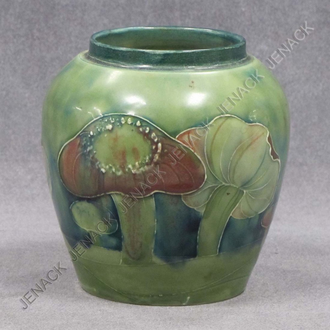 MOORCROFT "CLAREMONT TOADSTOOL" VASE: VINTAGE MOORCROFT "CLAREMONT TOADSTOOL" VASE FOR LIBERTY & CO, SIGNED. HEIGHT 4 1/4"