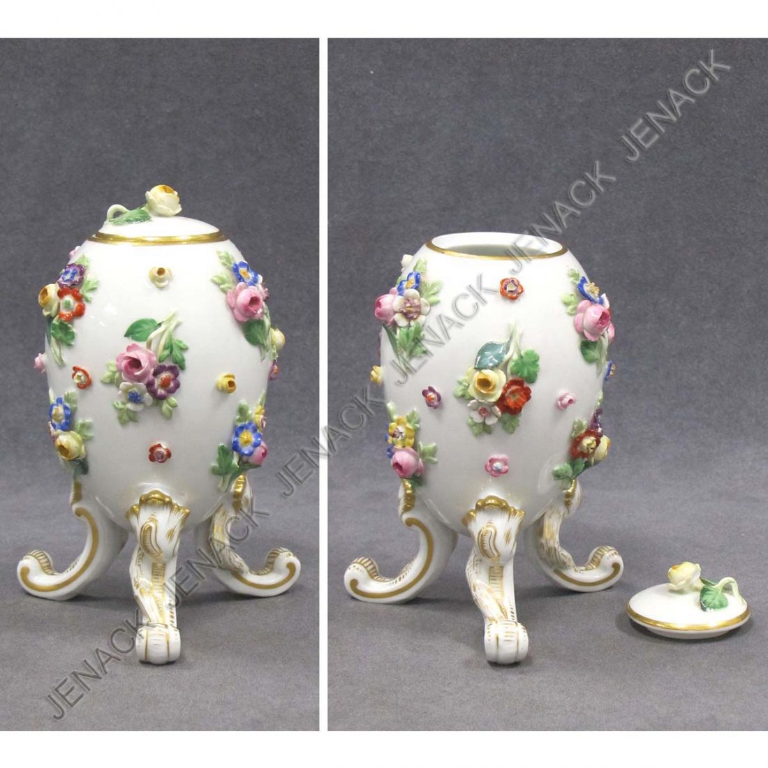 MEISSEN DECORATED PORCELAIN TRI-FOOT COVERED EGG: MEISSEN DECORATED PORCELAIN TRI-FOOT COVERED EGG, SIGNED 19TH CENTURY. HEIGHT 6"