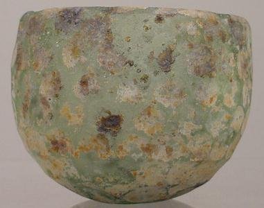 SASANIAN PALE GREEN FACET-CUT BOWL: SASANIAN PALE GREEN FACET-CUT BOWL, 500-600AD. HEIGHT 2 7/8"; DIAMETER 3 1/2" CF: WOLF 2001, CAT. #200, P.353; OPPENLANDER CAT #758, PP. 248, CHRISTIES, N.Y. DEC. 12, 2000 LOT #421