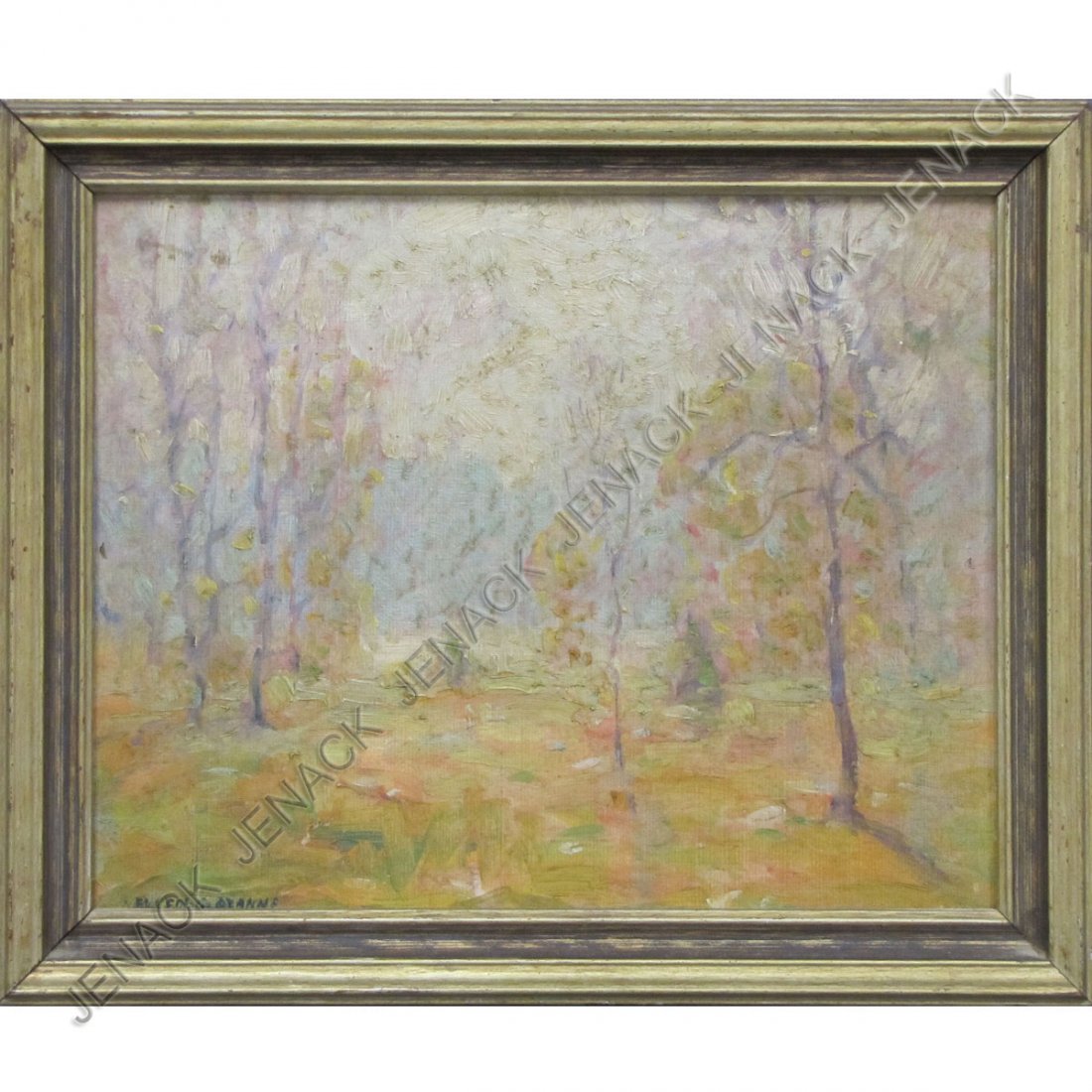 ELLEN G. OZANNE (NY 19/20TH CENTURY), OIL : ELLEN G. OZANNE (NY 19/20TH CENTURY), OIL ON CANVAS BOARD, "OCTOBER MORNING", SIGNED AND TITLED. 8 3/8 X 10 3/8"; FRAMED 10 X 12"