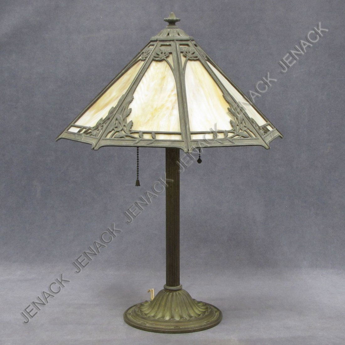 VINTAGE PATINATED SLAG GLASS TABLE LAMP: VINTAGE PATINATED SLAG GLASS TABLE LAMP. HEIGHT 22"; DIAMETER 16"