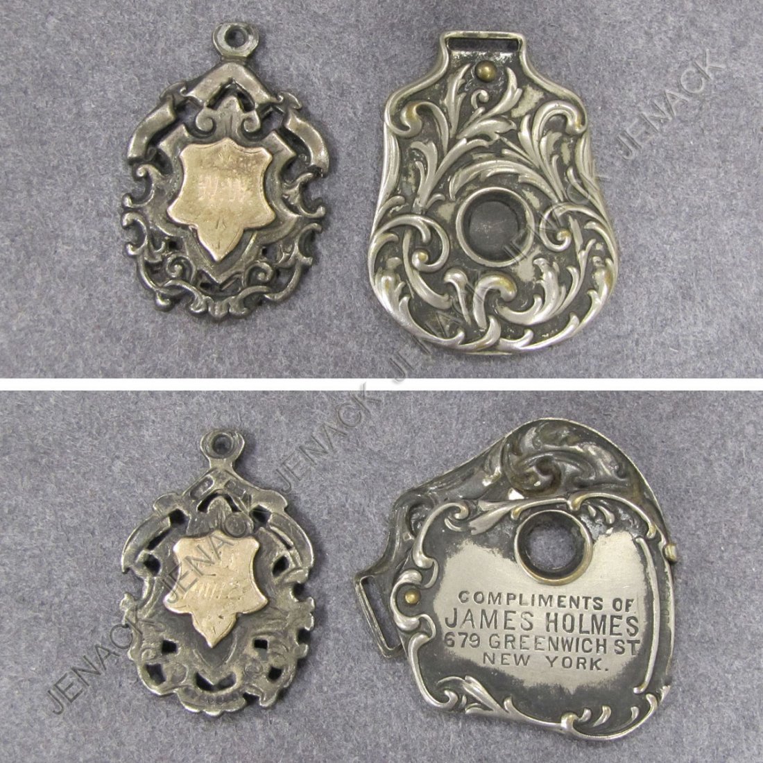 LOT (2) INCLUDING VINTAGE SILVER CIGAR CUTTER: LOT (2) INCLUDING VINTAGE SILVER CIGAR CUTTER, "COMPLIMENTS OF JAMES HOLMES, GREENWICH ST. NY" AND SILVER/GOLD WATCH FOB, DATED 1901-2. LENGTH 1 1/2" & 1 3/4"; GROSS WEIGHT 0.95 OZT
