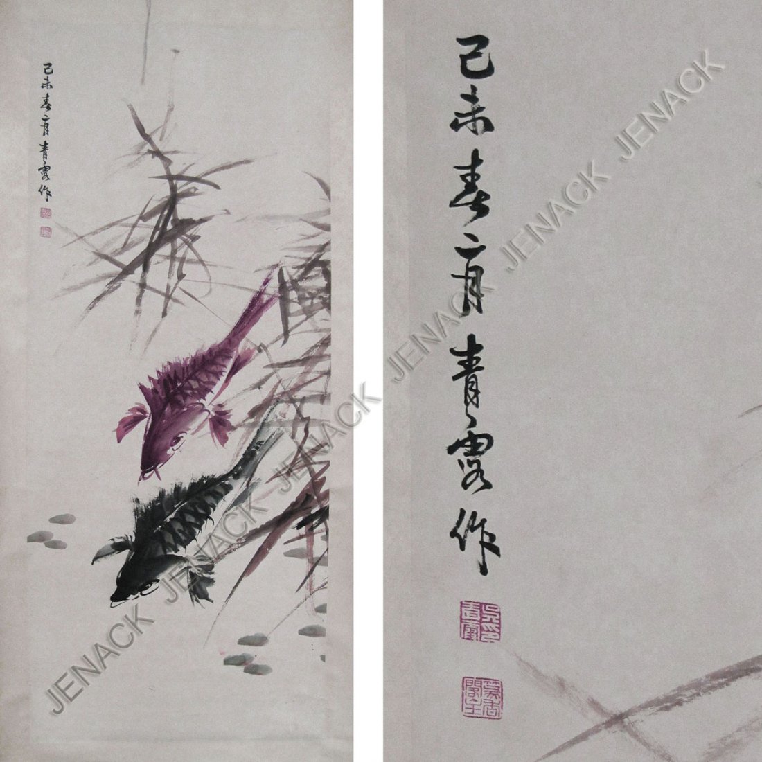 AFTER WU QING XIA, CHINESE INK/WATERCOLOR SCROLL : AFTER WU QING XIA, CHINESE INK/WATERCOLOR SCROLL PAINTING ON PAPER, CARP. 54 X 20 1/2" (OLD REPAIRS)