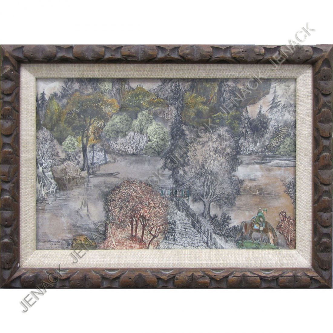 ARNULF NEUWIRTH (AUSTRIAN 1912-), PEN & INK: ARNULF NEUWIRTH (AUSTRIAN 1912-), PEN & INK COLLAGE ON PERGAMENT, "REITER AN DER THAYA", SIGNED AND TITLED 1972. SIGHT 6 3/4 X 10 1/4"; FRAMED 9 1/2 X 13"