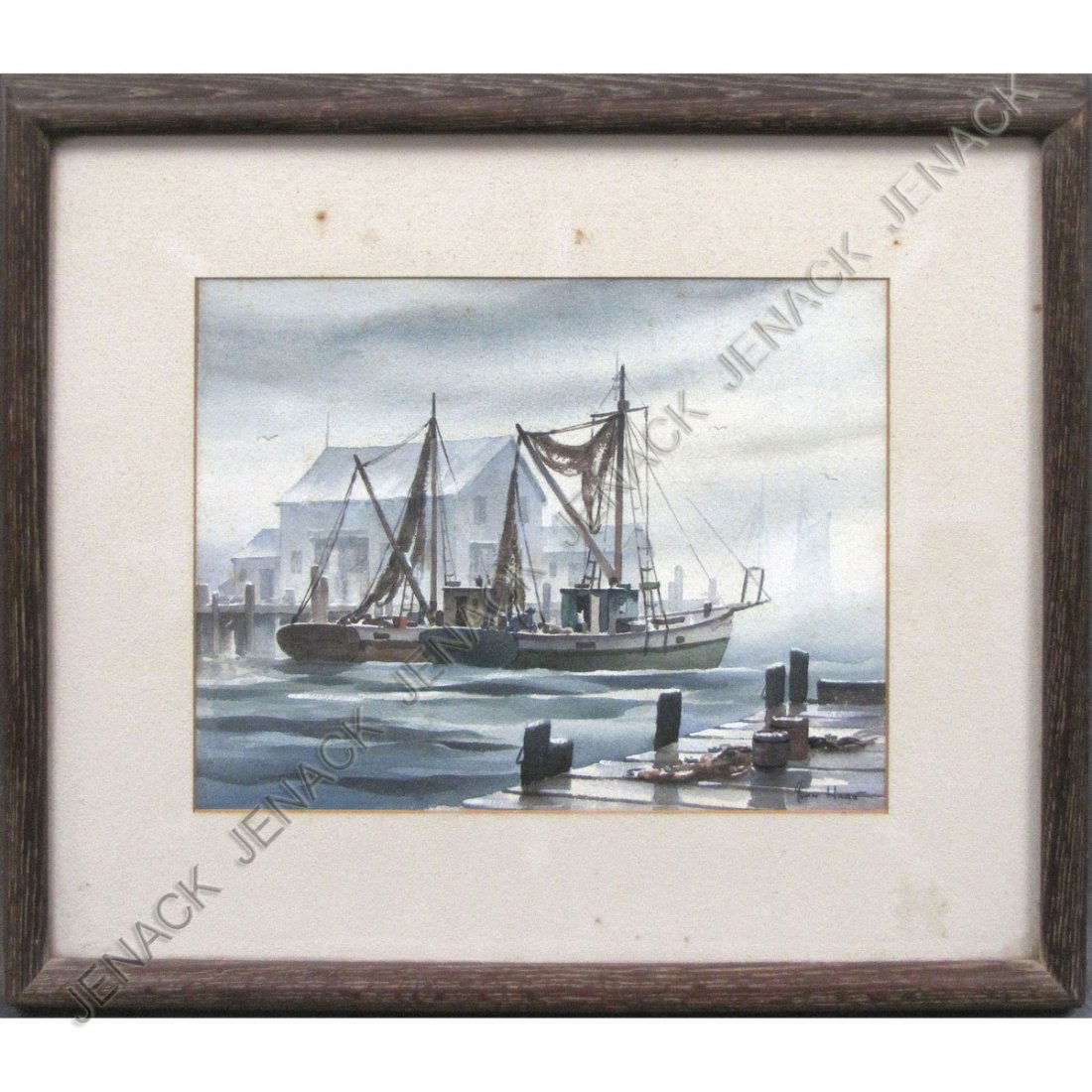 JOHN CUTHBERT HARE (AMERICAN 1908-1978): JOHN CUTHBERT HARE (AMERICAN 1908-1978), WATERCOLOR, FOGGY HARBOR, SIGNED. SIGHT 9 3/4 X 12 3/4"; FRAMED AND GLAZED-17 1/2 X 20" (SOME FOXING)