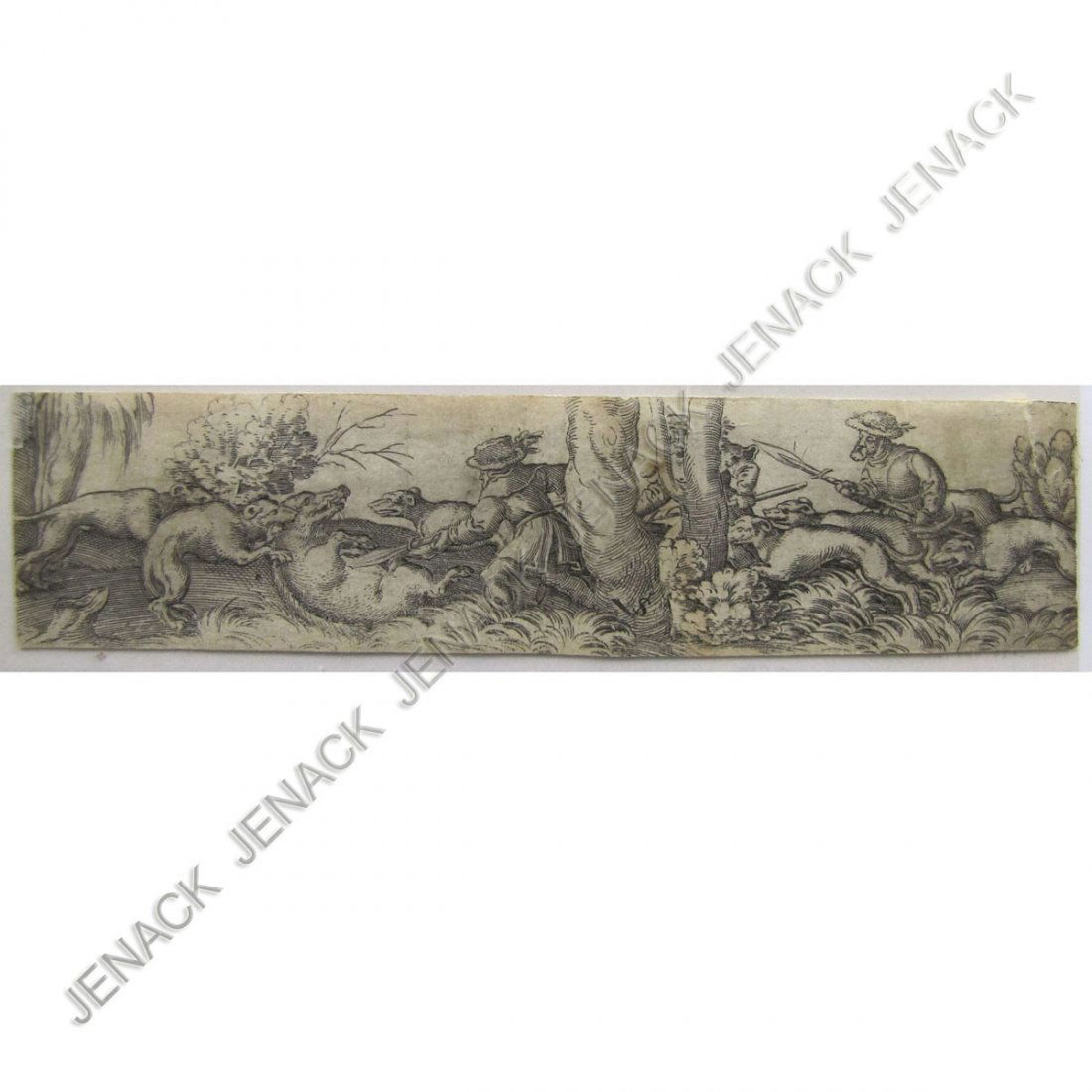 VIRGIL SOLIS (NUREMBERG 1514-1562), ENGRAVING: VIRGIL SOLIS (NUREMBERG 1514-1562), ENGRAVING, "WILD BOAR HUNT" (HOLLSTEIN 510), SIGNED AND MONOGRAMMED. 1 1/2 X 6 1/16" (36 X 154 MM)
