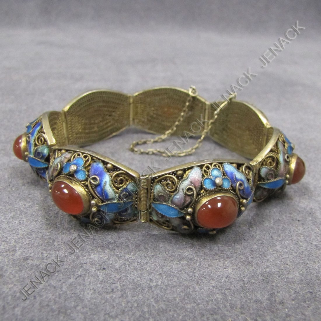 CHINESE GILT SILVER ENAMELED/CARNELIAN BRACELET: CHINESE GILT SILVER ENAMELED AND CARNELIAN BRACELET. LENGTH 7"; GROSS WEIGHT 1.25 OZT