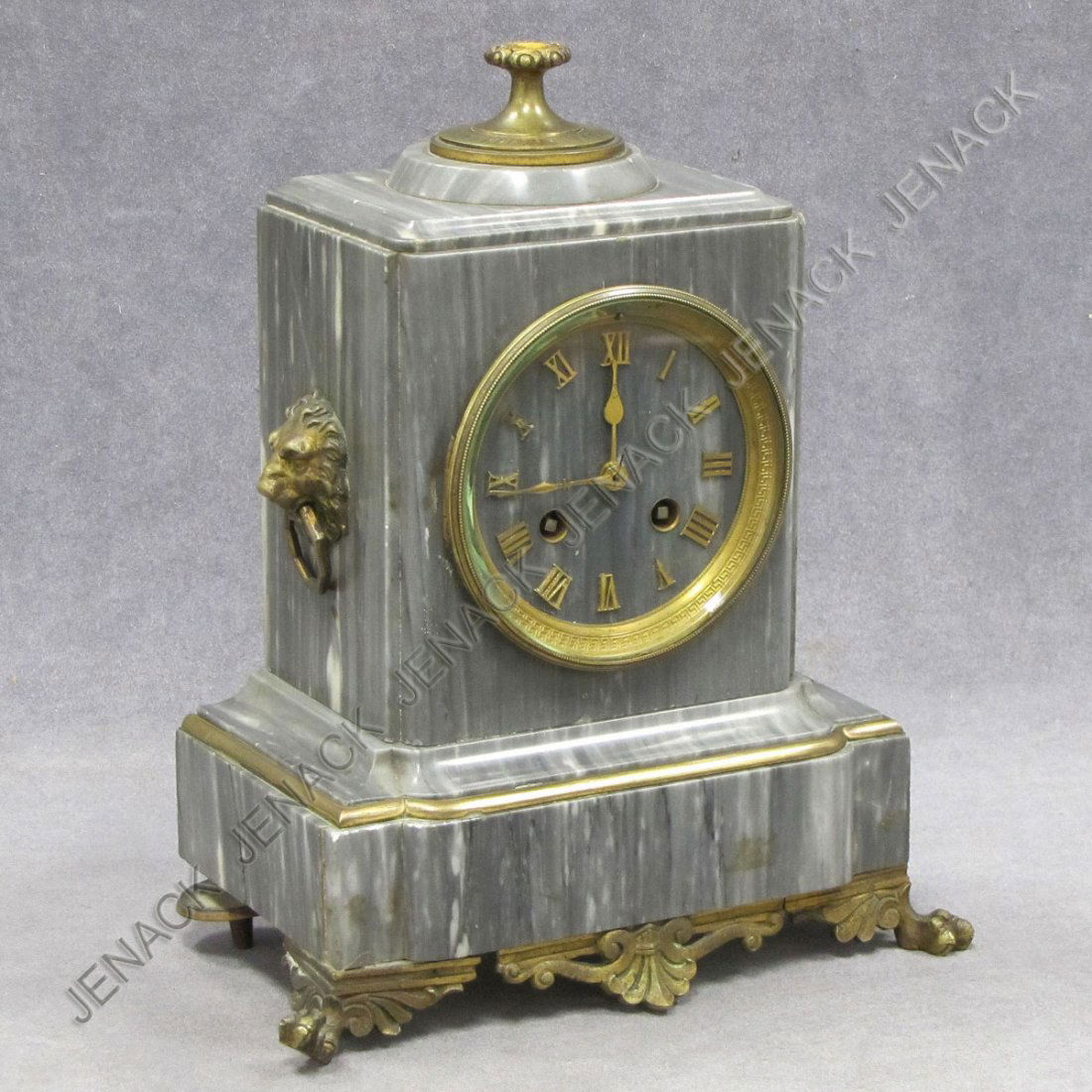 VINTAGE FRENCH MARBLE SHELF CLOCK WITH ORMOLU: VINTAGE FRENCH MARBLE SHELF CLOCK WITH ORMOLU MOUNTS, SIGNED L.E.P. JAFY. HEIGHT 12" (MISSING FINIAL)