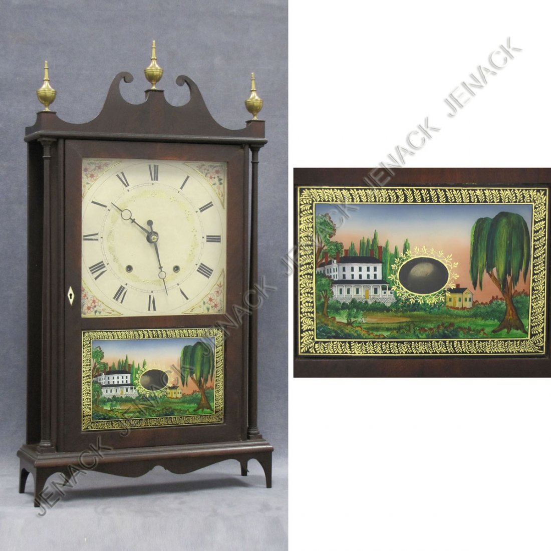 ELI & SAMUEL TERRY MAHOGANY PILLAR & SCROLL CLOCK: ELI & SAMUEL TERRY MAHOGANY PILLAR & SCROLL SHELF CLOCK, 19TH CENTURY. HEIGHT 31 1/2" COMPLETE & WORKING (TABLET REPAINTED ON ORIGINAL GLASS BY LEE DAVIS, YORK PA.)