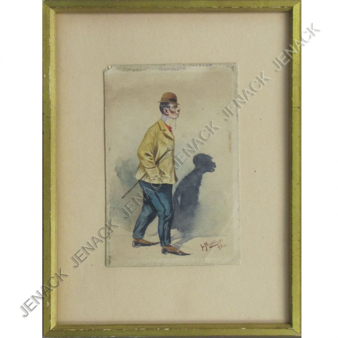 AR. MUCHARSKI (POLISH 19TH CENTURY) WATERCOLOR: AR. MUCHARSKI (POLISH 19TH CENTURY) WATERCOLOR, DARWIN'S THEORY, SIGNED 1891. SHEET 7 3/4 X 5"; FRAMED & GLAZED 13 X 9 3/4"