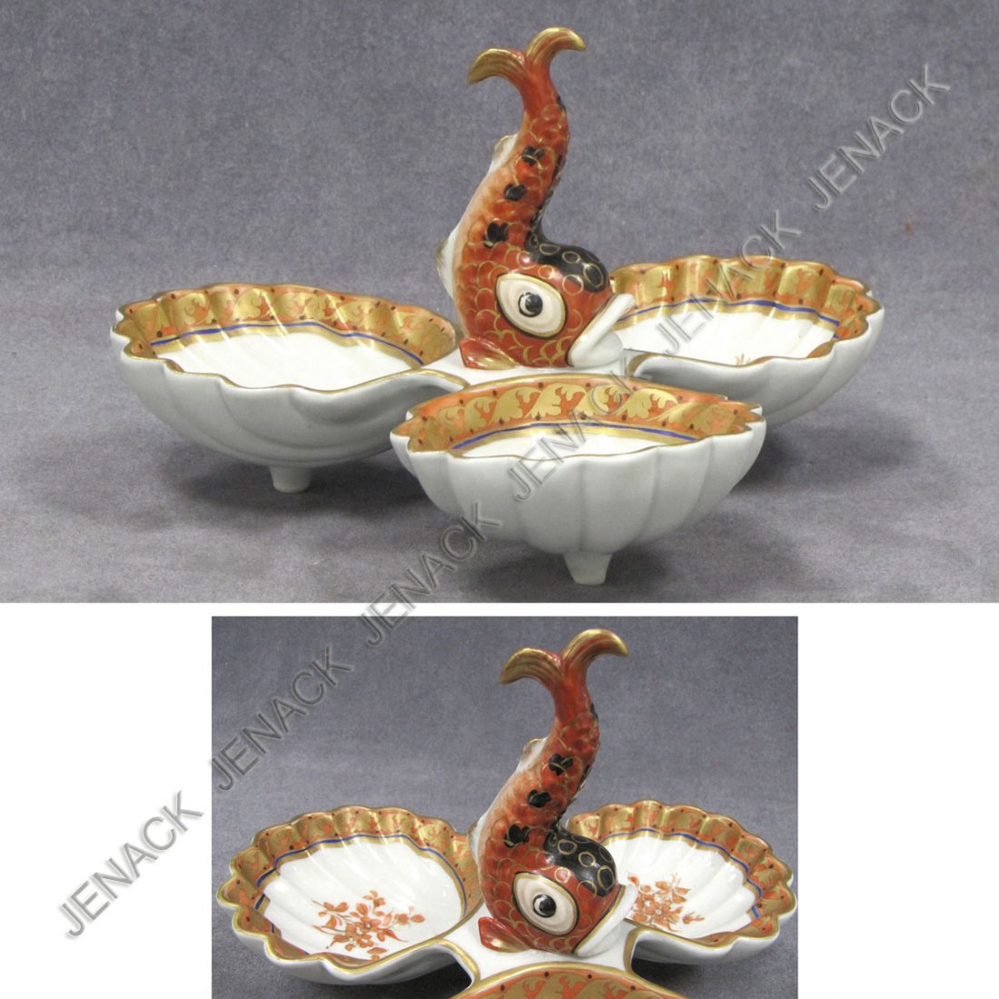 MOTTAHEDEH DECORATED PORCELAIN TRI-FOIL SWEET MEAT: MOTTAHEDEH DECORATED PORCELAIN TRI-FOIL SWEET MEAT SERVER WITH DOLPHIN HANDLE. HEIGHT 5"