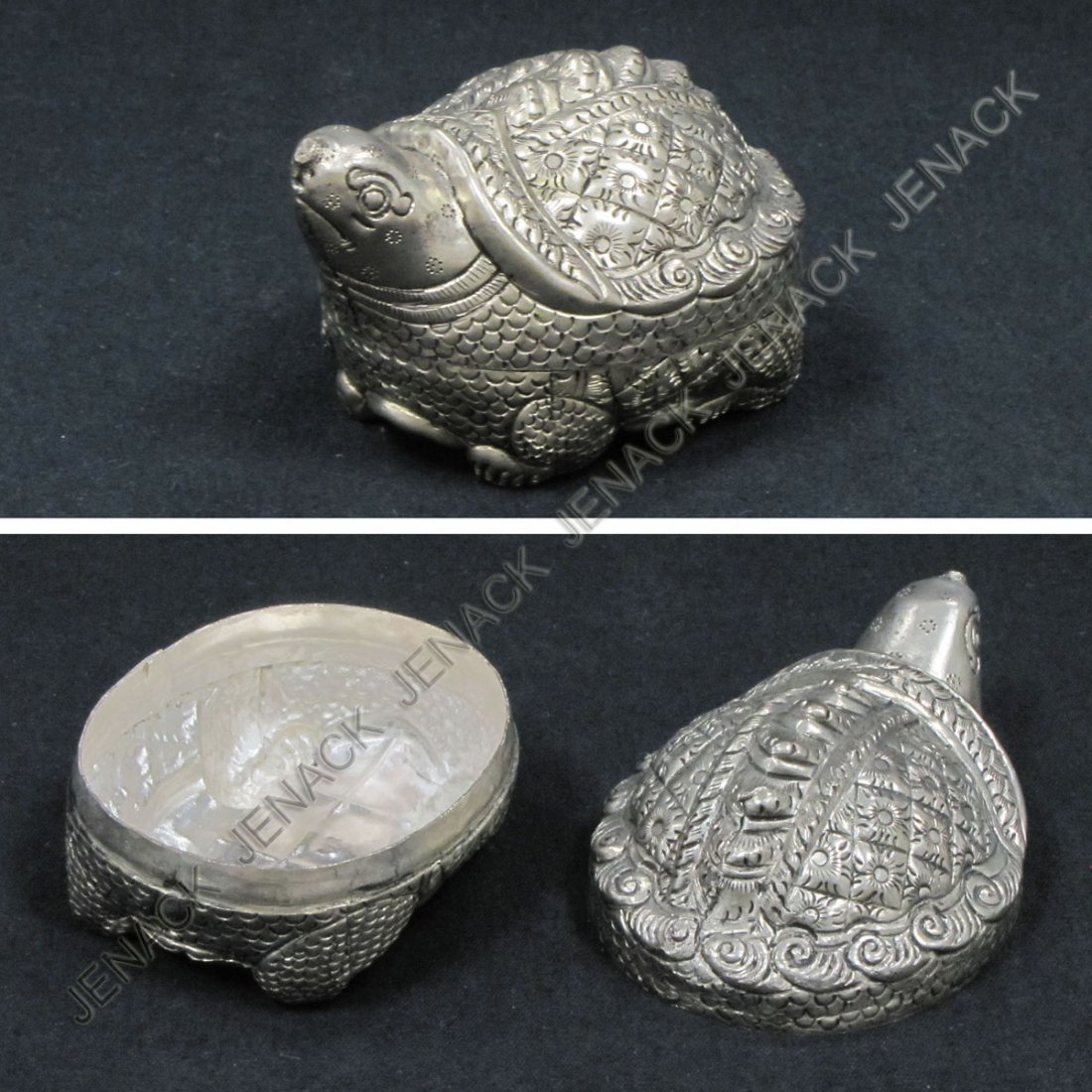 CAMBODIAN SILVER TURTLE-FORM BOX, MARKED 90%: CAMBODIAN SILVER TURTLE-FORM BOX, MARKED 90%. LENGTH 3 3/4"; 3.65 OZT