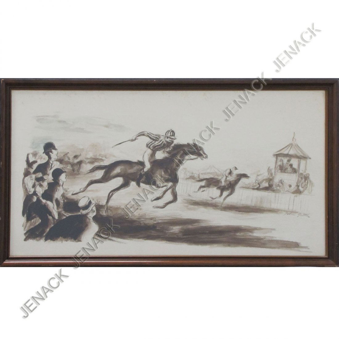 JOHN GROTH (NY 1908-1988), WATERCOLOR/WASH: JOHN GROTH (NY 1908-1988), WATERCOLOR/WASH, ILLUSTRATION FOR "WHEN KENTUCKY WENT BROKE ON THE DERBY", "THE AMERICAN WEEKLY BY CLEM MCCARTHY, APRIL 29, 1956". FRAMED AND GLAZED-23 X 40" (INFO VERSO)