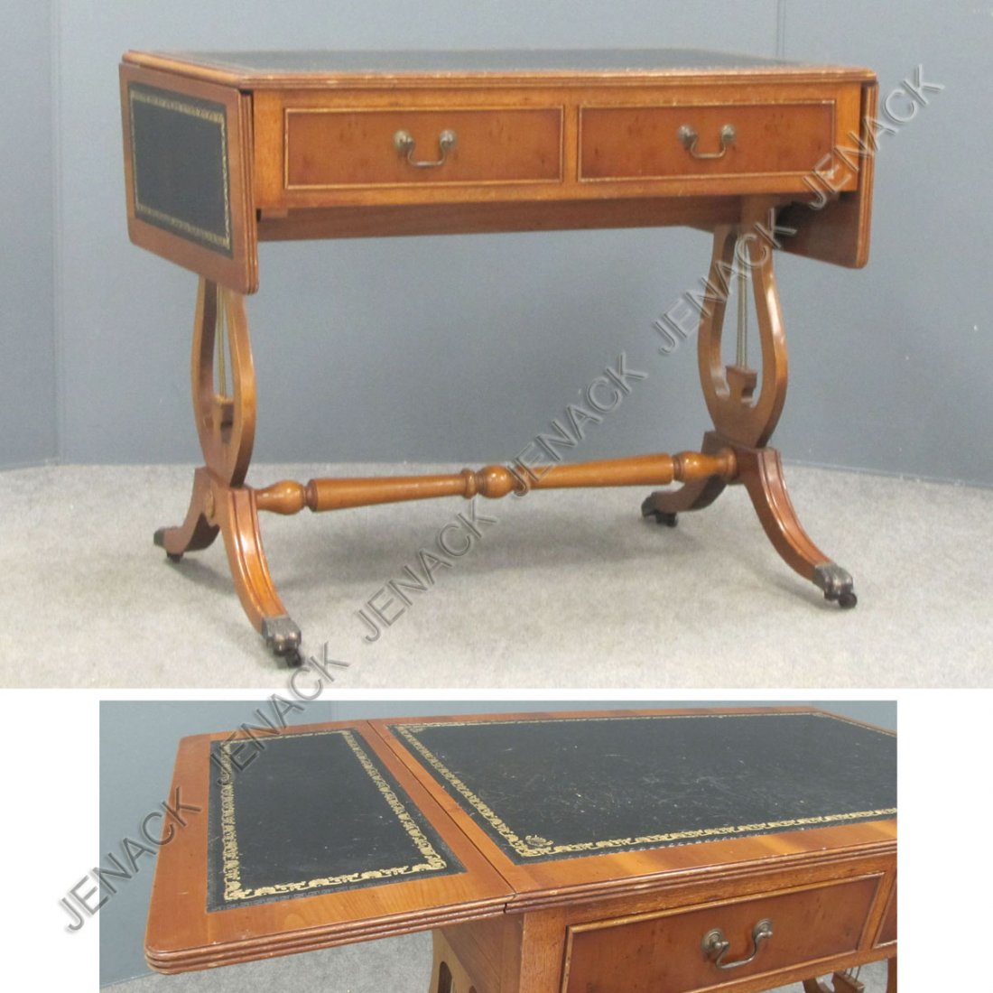 FEDERAL STYLE FRUITWOOD DROP LEAF SOFA TABLE: FEDERAL STYLE CARVED FRUITWOOD DROP LEAF SOFA TABLE, SIGNED ROBERT BLAKE. HEIGHT 29"; LENGTH 35"