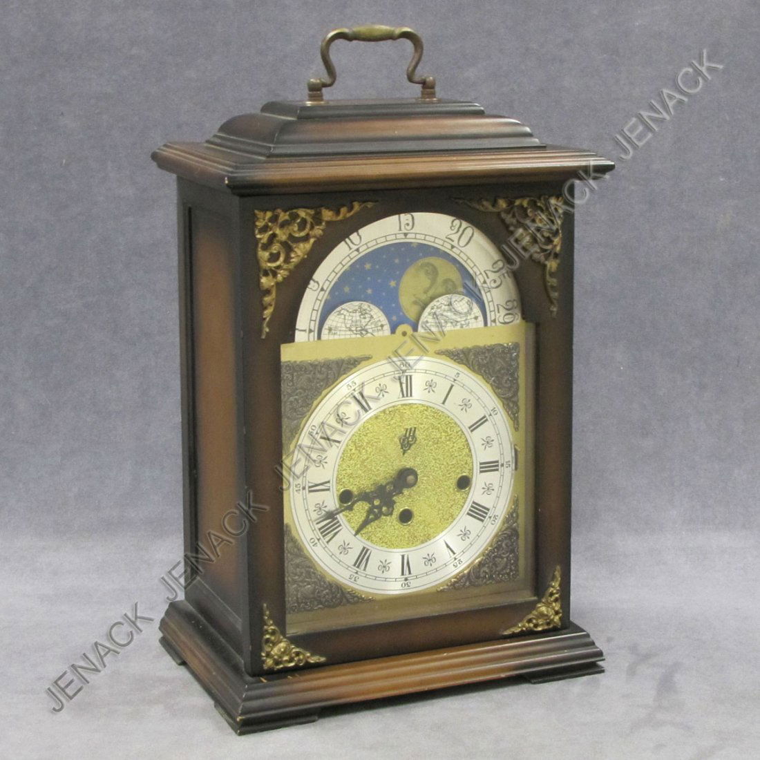 GERMAN BRACKET CLOCK WITH MOON PHASE MOVEMENT: GERMAN BRACKET CLOCK WITH MOON PHASE MOVEMENT AND WESTMINSTER/ST. MICHEL CHIMES. HEIGHT 17"