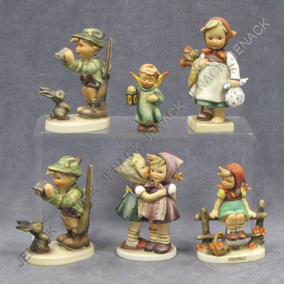 LOT (6) HUMMEL PORCELAIN FIGURES, TMK 4: LOT (6) HUMMEL PORCELAIN FIGURES, TMK 4 INCLUDING JUST RESTING # 112/1, 5"; GUIDING ANGEL, 3 1/4"; WEARY WANDERER #204, 5 1/2"; (2) GOOD HUNTING #307, 5"; TELLING HER SECRET #196, 5 1/4"